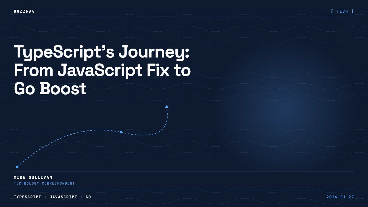 Two tech professionals discuss TypeScript against a purple-lit modern office backdrop with GitHub logo and animated mascots