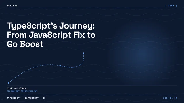 Two tech professionals discuss TypeScript against a purple-lit modern office backdrop with GitHub logo and animated mascots