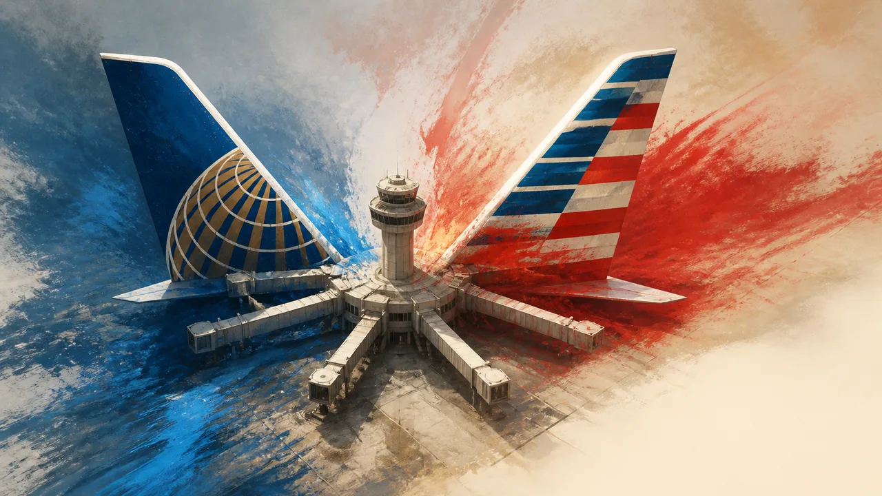 Stylized map of Chicago's O'Hare Airport showing blue and red fortress structures with aircraft symbols and battle arrows…