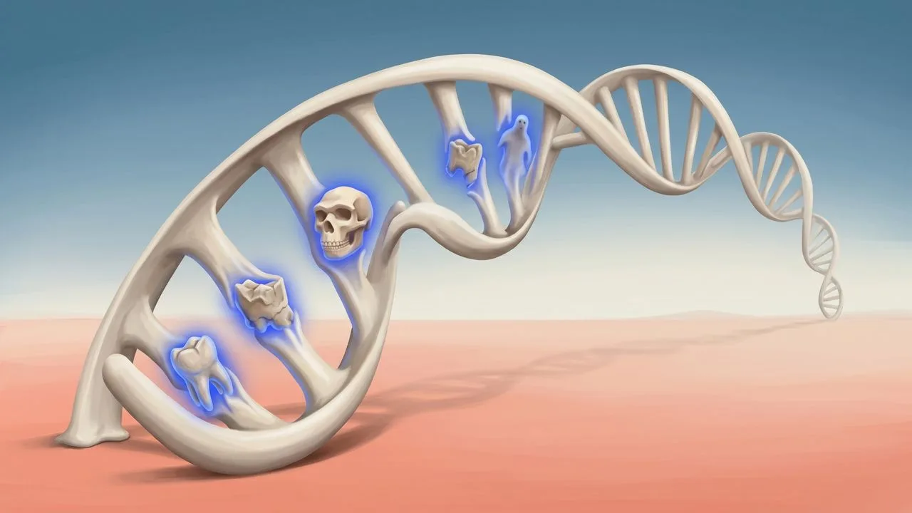 Glowing DNA double helix with colorful human figures and letters (G, A, C) embedded within the strands against a black…