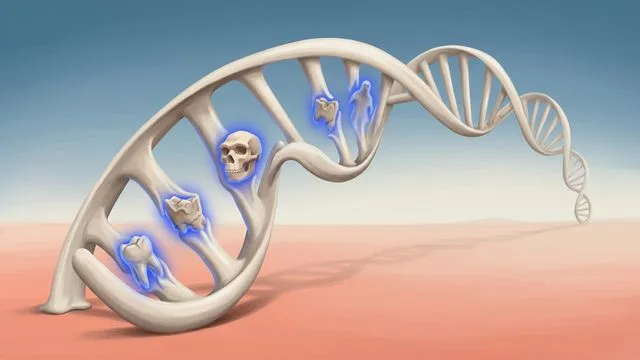 Glowing DNA double helix with colorful human figures and letters (G, A, C) embedded within the strands against a black…