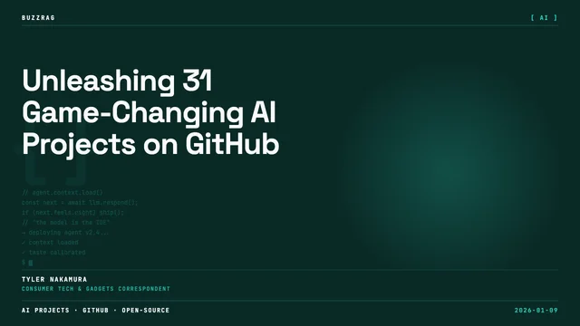 Four professionals in a futuristic tech environment discussing AI projects, with glowing screens displaying code and…