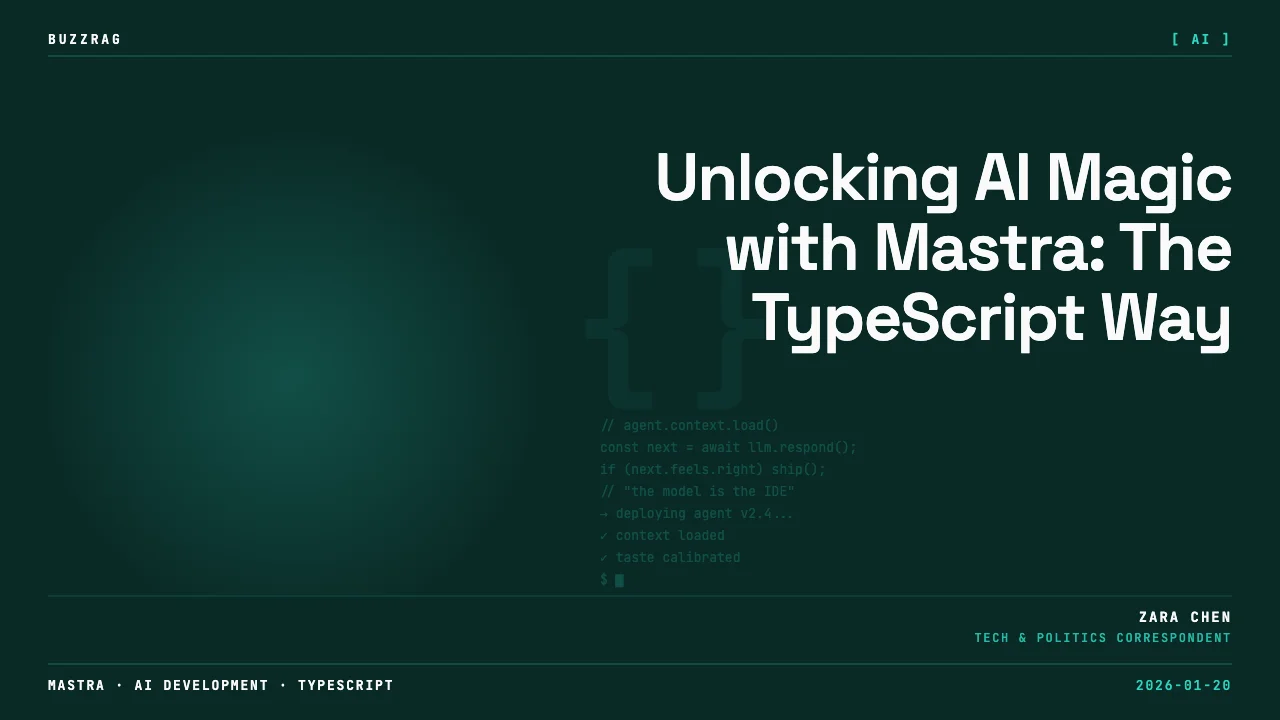Mastra logo and weather API code output displayed with man in black shirt against dark background promoting TypeScript…