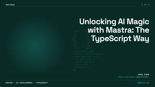 Mastra logo and weather API code output displayed with man in black shirt against dark background promoting TypeScript…