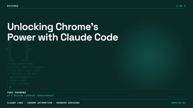 Retro arcade-style orange brick text reading "CLAUDE CODE WITH CHROME" on black background with colorful border and Chrome…