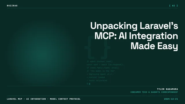 MCP logo on purple glowing screen with Laravel branding on black background, promoting AI server development tools