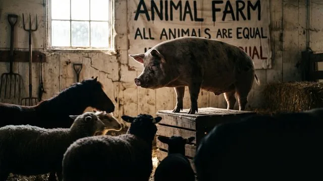 A pig with a human face superimposed dominates the center, flanked by two men in red lighting, with "ANIMAL FARM" text below