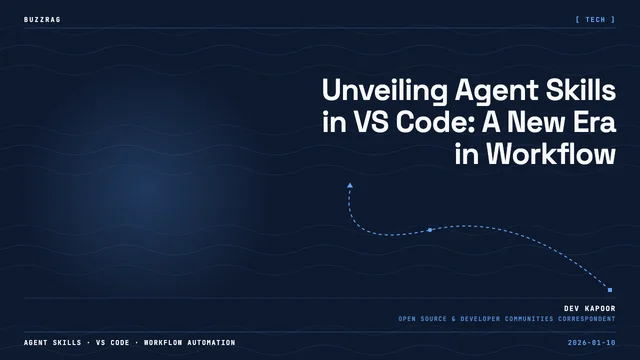 A smiling man in a dark sweater gestures toward text about Agent Skills in VS Code against a blue background with the…