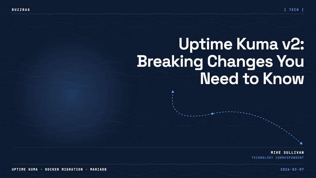 Man in glasses smiling next to Uptime Kuma logo with "NEW version 2!" text and SQLite and MariaDB icons on dark background