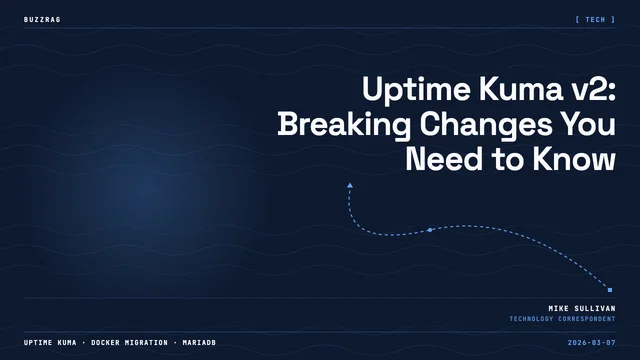 Man in glasses smiling next to Uptime Kuma logo with "NEW version 2!" text and SQLite and MariaDB icons on dark background