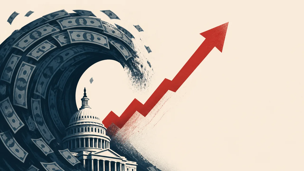 Man in light shirt gestures expressively next to Statue of Liberty, chart showing economic trends from WW2 to 2026 with…