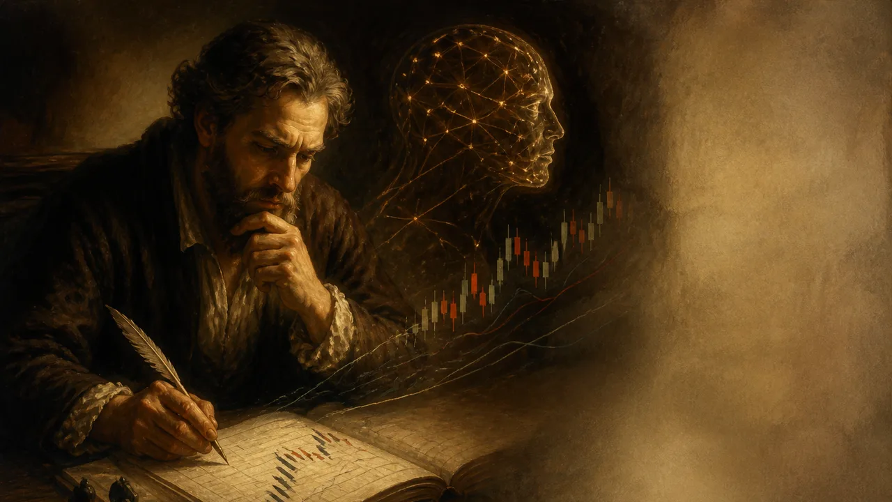 Man in black shirt with hand on chin beside upward trending orange candlestick chart displaying Entry, Manage, Exit trading…