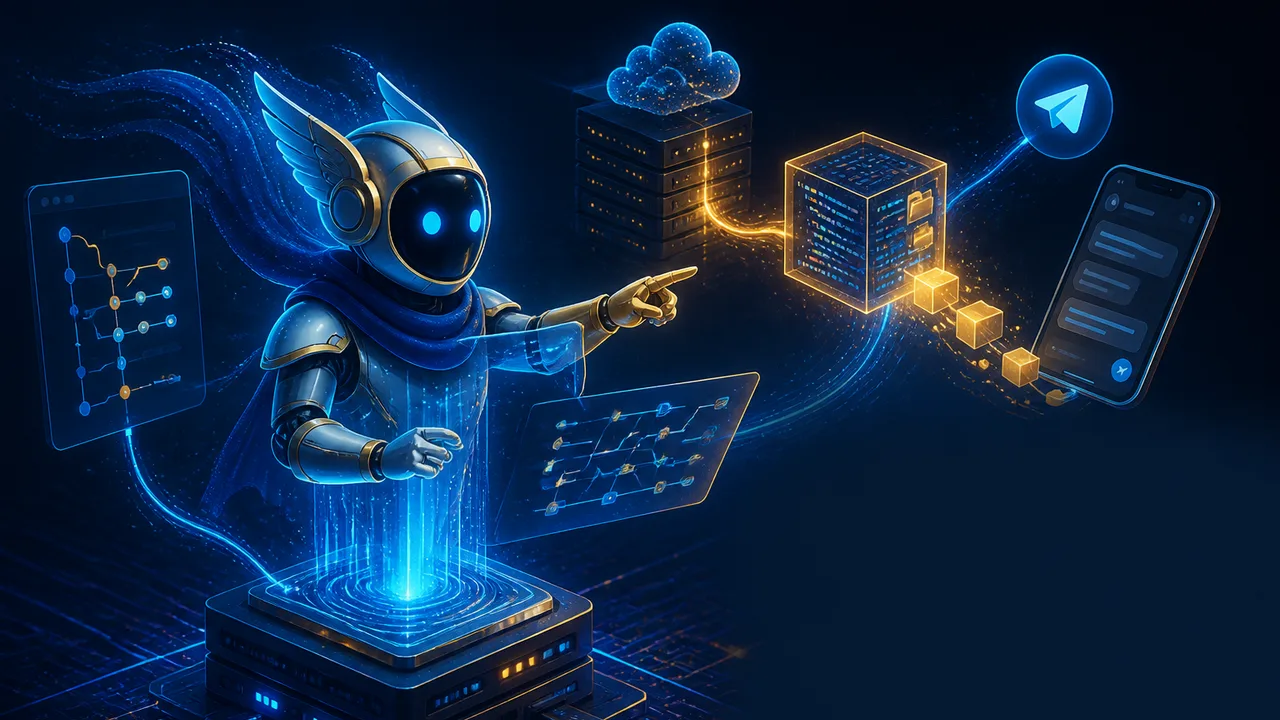 Developer presenting setup guide with terminal, chat interface, and AI avatar on purple-lit background