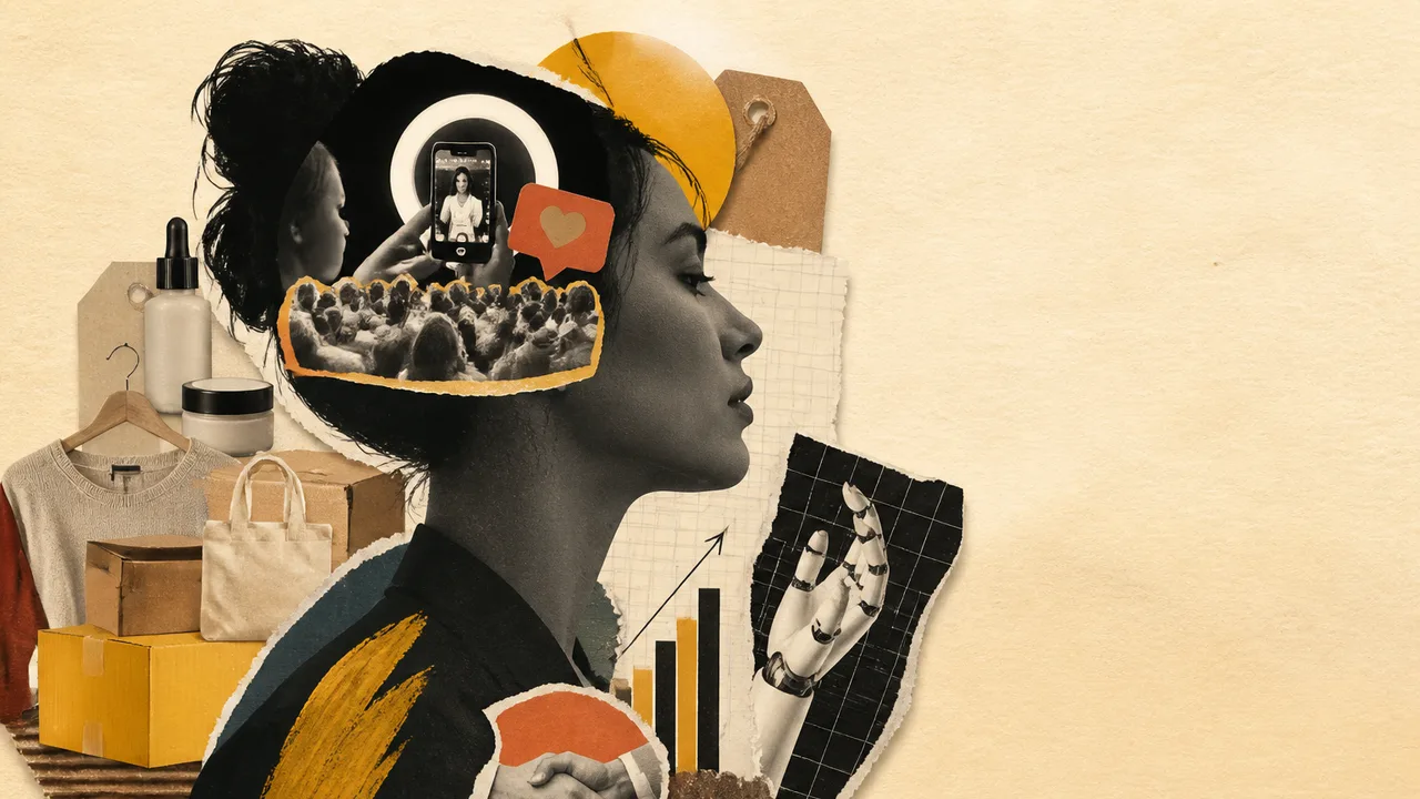 Woman in sunglasses taking a selfie surrounded by heart icons and dollar bill patterns, with "The Influencer Cliff" and…