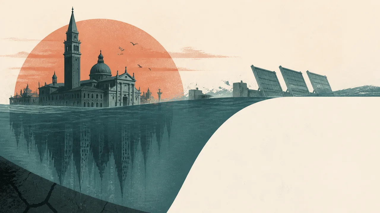 St. Mark's Basilica and Doge's Palace partially flooded with water, text "TOO LATE?" overlaid, illustrating Venice's rising…