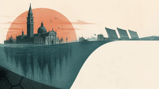 St. Mark's Basilica and Doge's Palace partially flooded with water, text "TOO LATE?" overlaid, illustrating Venice's rising…