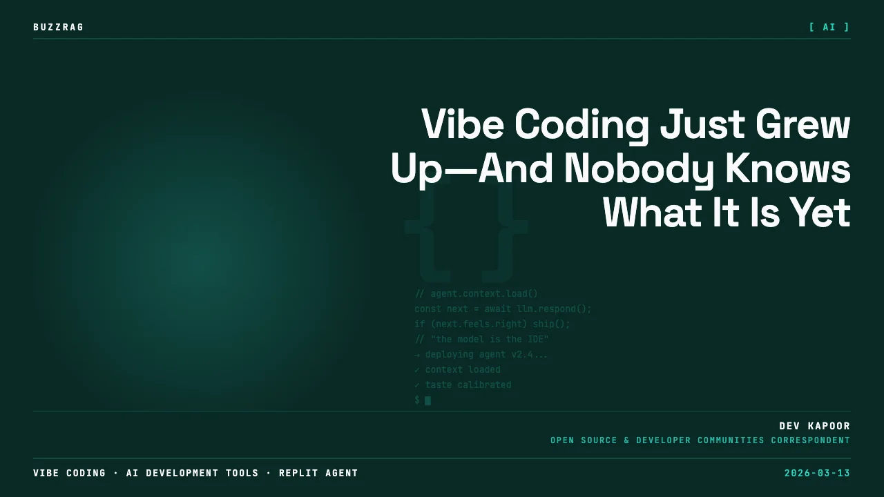 A man in a lab coat points at a glowing "BUILD" button surrounded by a crowd, with bold text asking about vibe coding's…