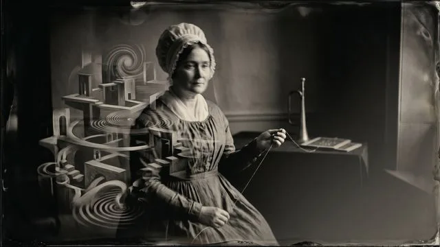 Black and white portrait of a woman wearing a white head covering, with a "W" logo in the corner, from a vintage ghost…