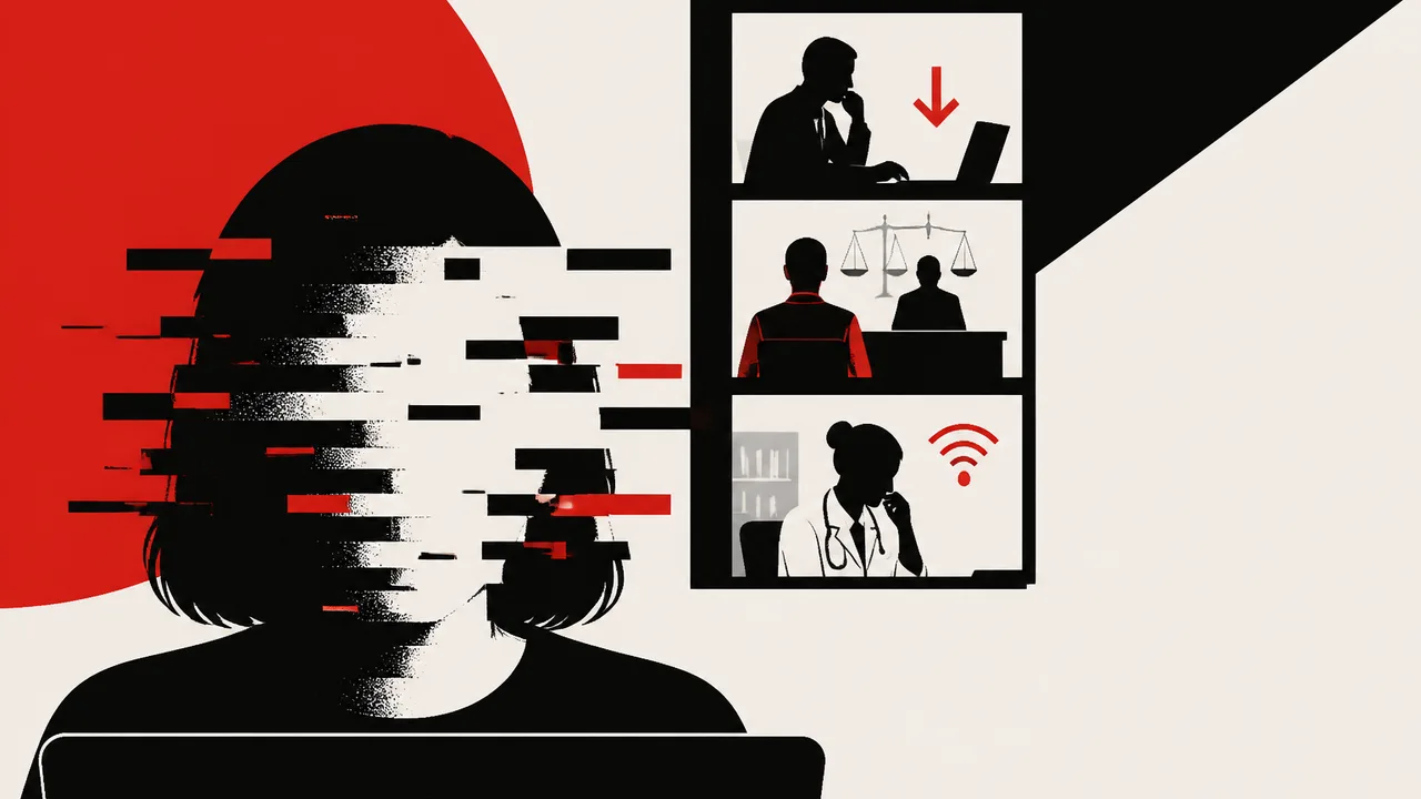 Six people on a video call grid with "DENIED PAROLE" text overlay and digital glitch effects, with Sci Show logo in corner
