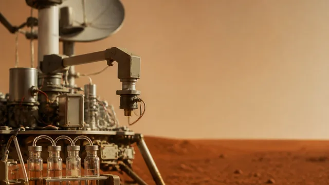 Woman with surprised expression in front of Mars landscape with scientific data charts showing radioactivity readings and…