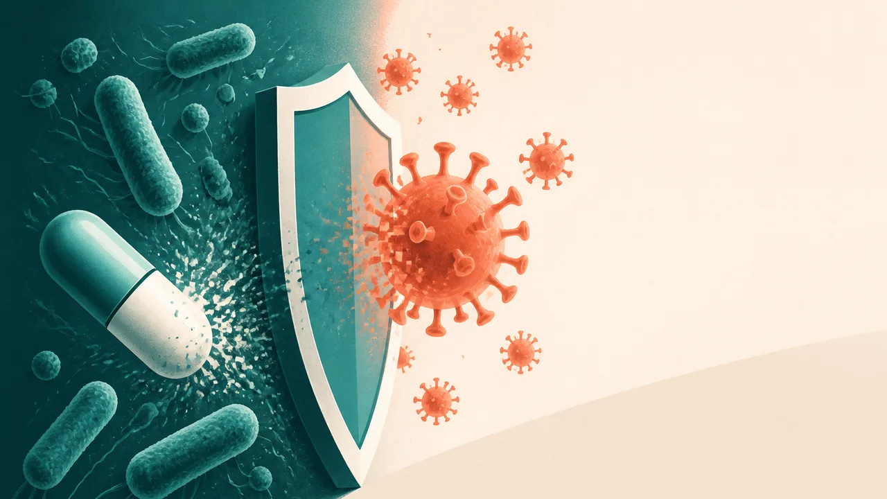 Split-screen blue virus and pink rod-shaped bacteria with bold text “Virus VS. Bacteria”