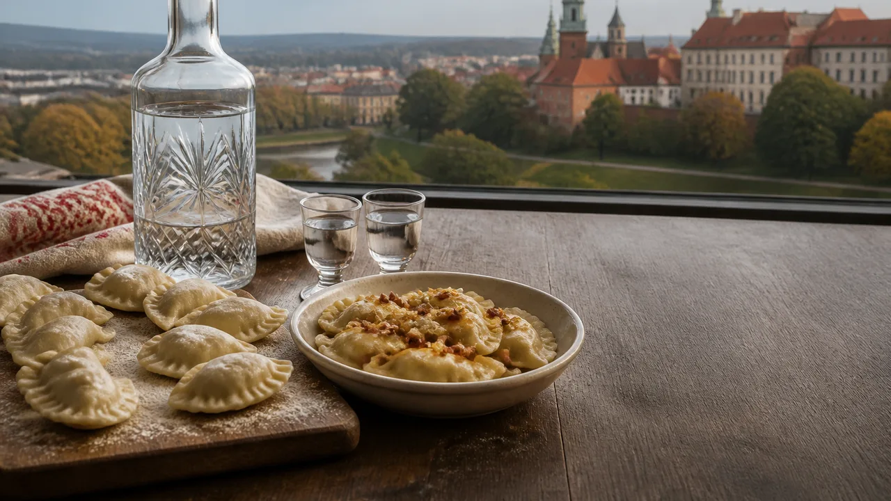 A man in a checkered shirt holds plates of pierogi with dipping sauce on a red checkered tablecloth at a Polish restaurant.