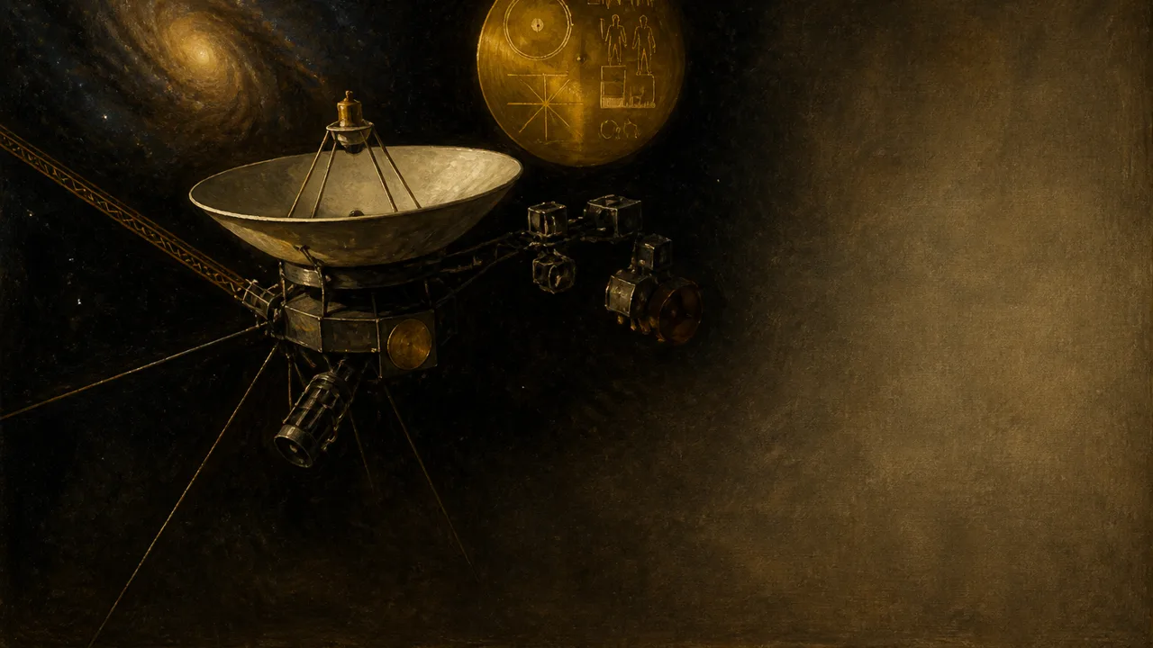 Voyager 1 spacecraft with solar antenna faces a glowing 50,000 Kelvin wall at the edge of the solar system against a starry…