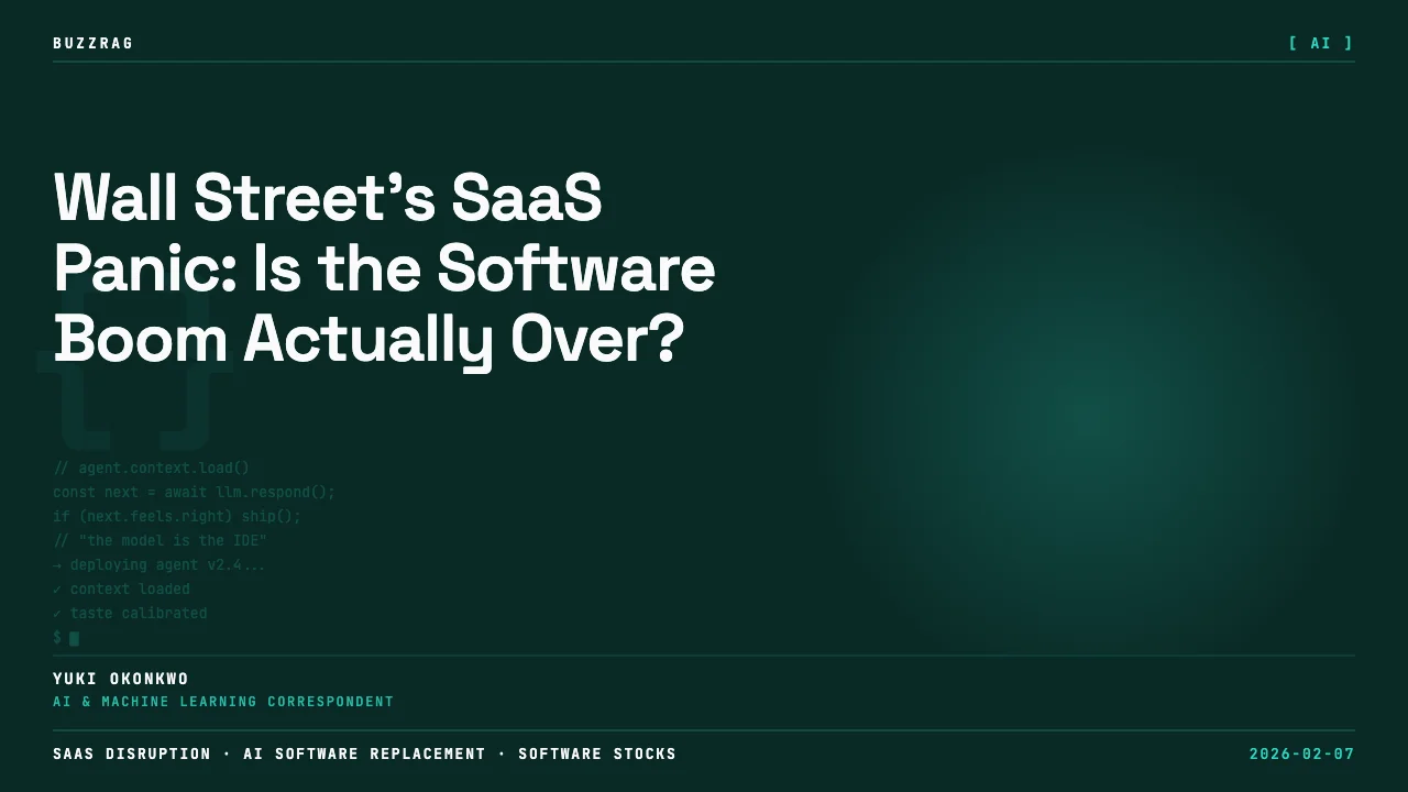 Retro-style graphic with a glowing mechanical brain, newspaper headline about "SAAS Over? Markets in Chaos," and…