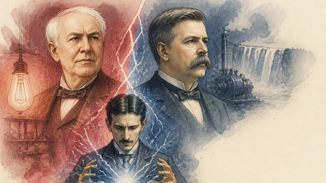 Portrait comparison of Edison (left, blue tint) and Tesla (right, red tint) with lightning graphics and yellow text reading…