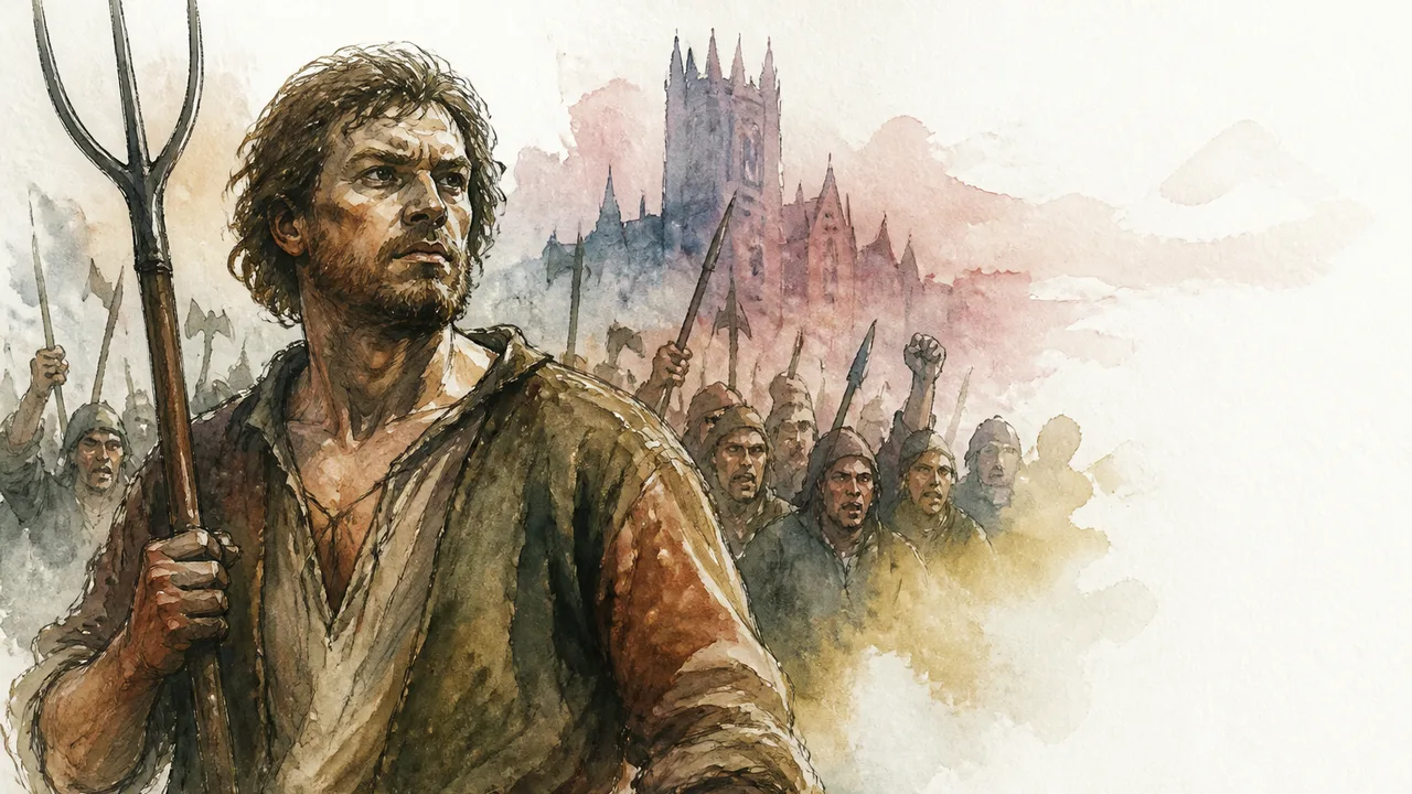 Rugged medieval rebel close-up beside mounted soldiers, with “PEASANTS’ REVOLT” text and a village backdrop