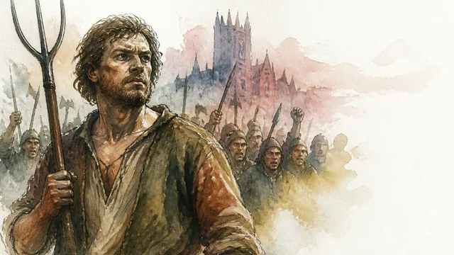 Rugged medieval rebel close-up beside mounted soldiers, with “PEASANTS’ REVOLT” text and a village backdrop