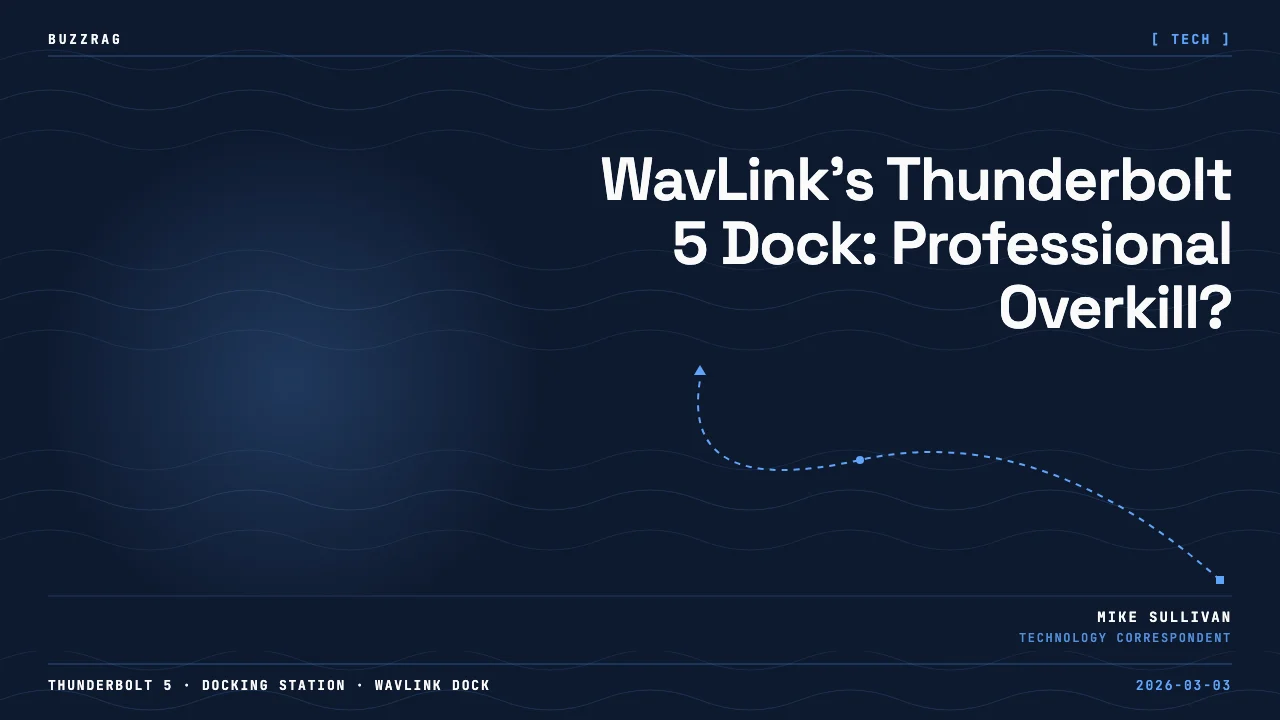 Person holding a white WavLink Thunderbolt docking station with multiple ports, displaying the device's sleek design…