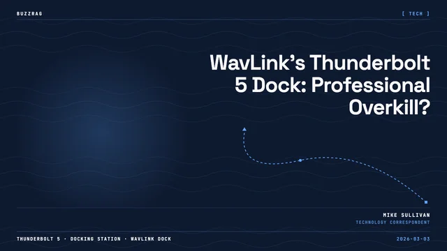Person holding a white WavLink Thunderbolt docking station with multiple ports, displaying the device's sleek design…