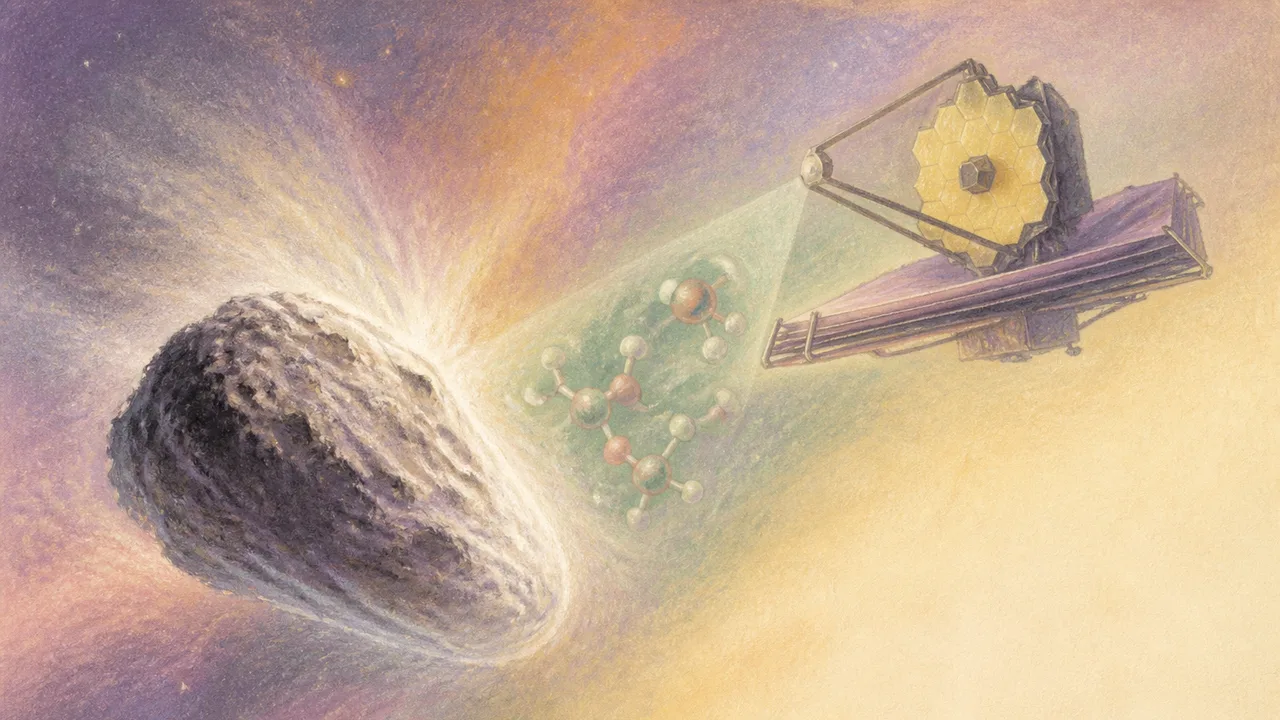 Sun's surface with approaching comet 3I/ATLAS circled in red, showing distance and mass data, with James Webb telescope…