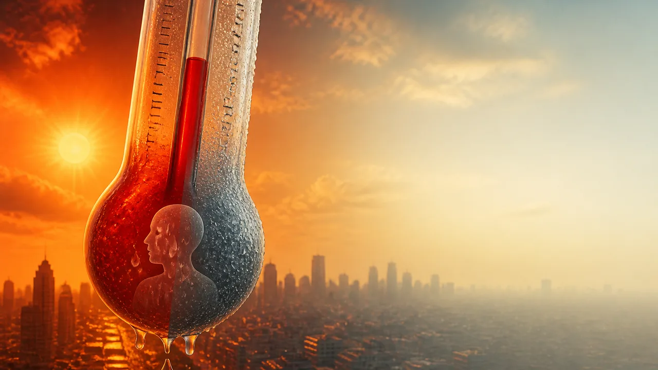 Split-screen showing cracked desert landscape labeled 115°F next to a man indoors at 90°F with PBS logo, illustrating why…