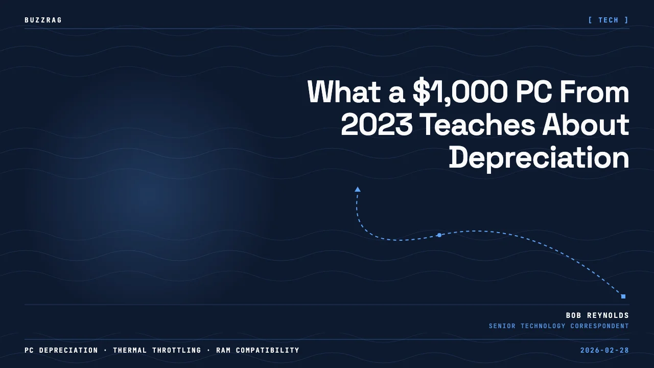 Gaming PC with text showing 2023 costs $$ in red and 2026 costs $$ in green, illustrating price depreciation over time