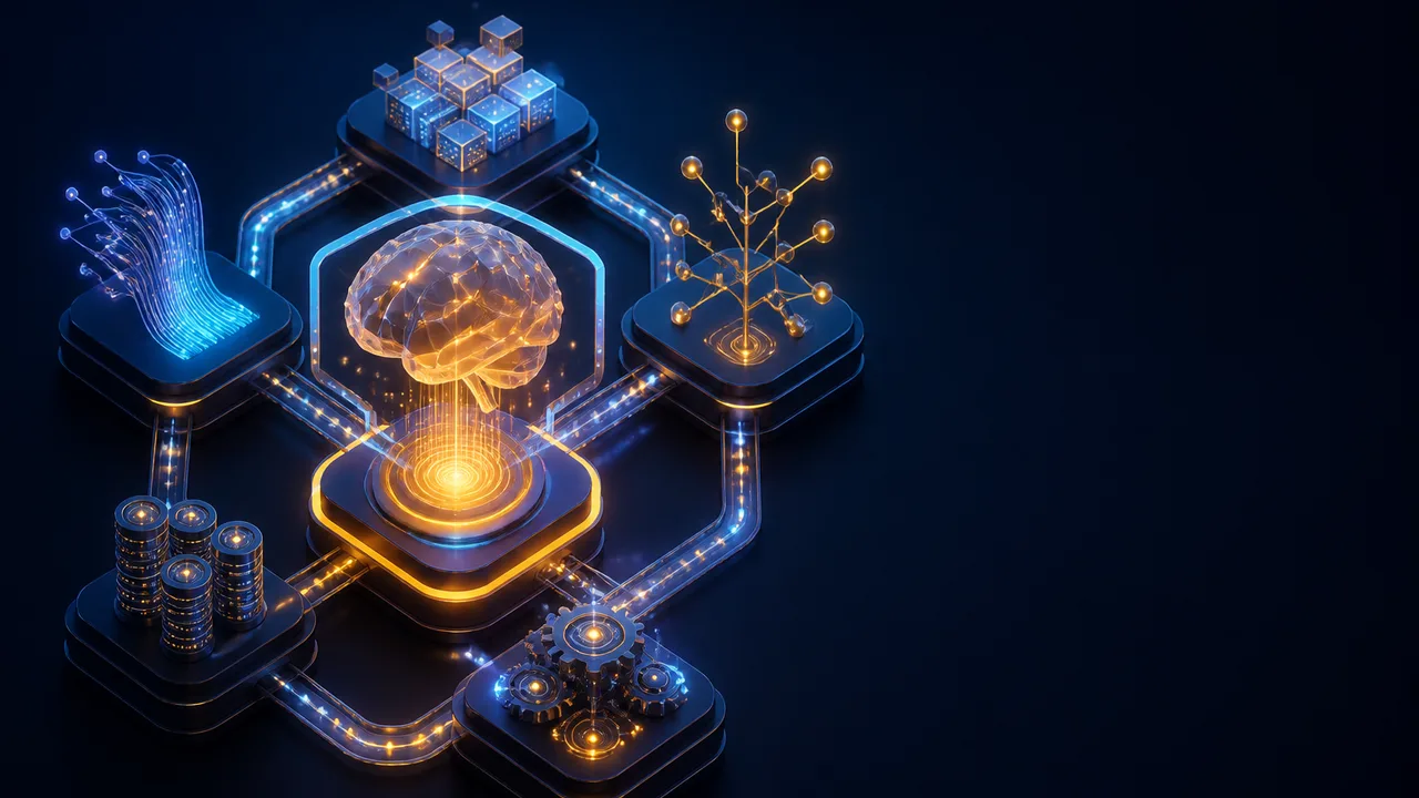 Person pointing to five colorful skill icons (AI, search, robotics, networks) with "$300K SKILL STACK" text at top