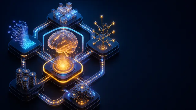 Person pointing to five colorful skill icons (AI, search, robotics, networks) with "$300K SKILL STACK" text at top