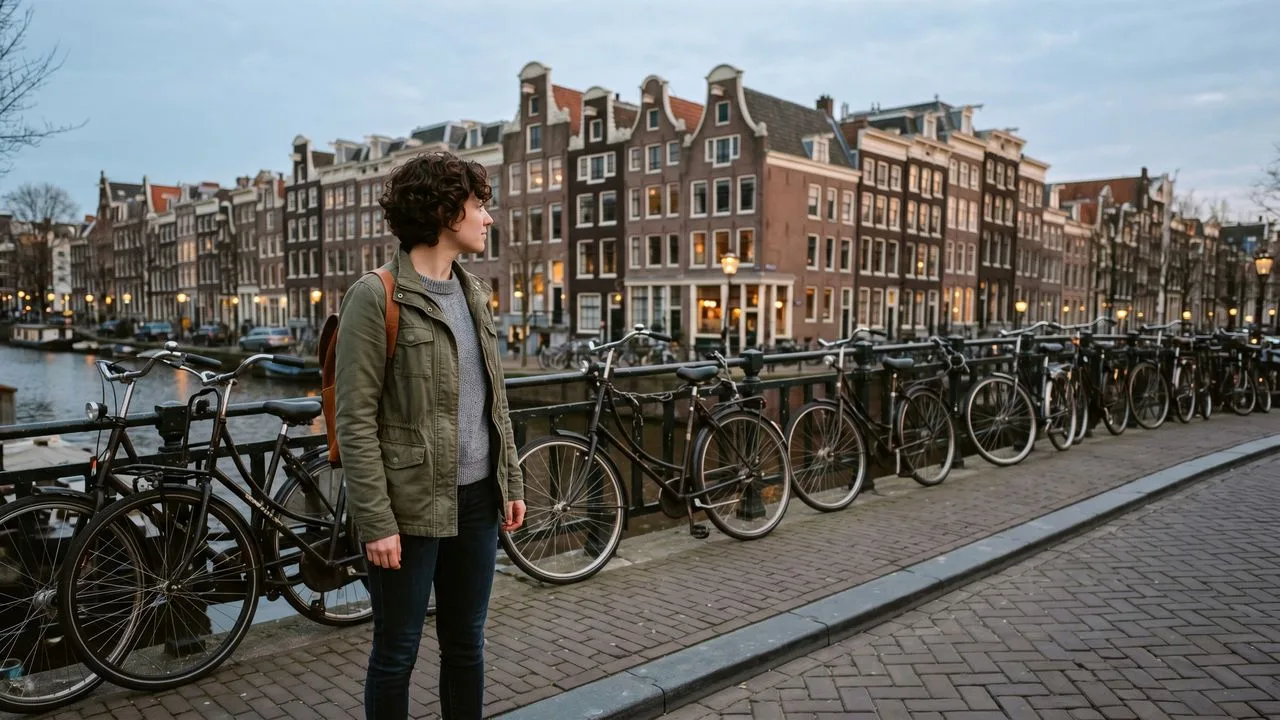 Historic Dutch canal houses with ivy and bicycles, with white text "MY FIRST FOREIGN CITY" on green overlay