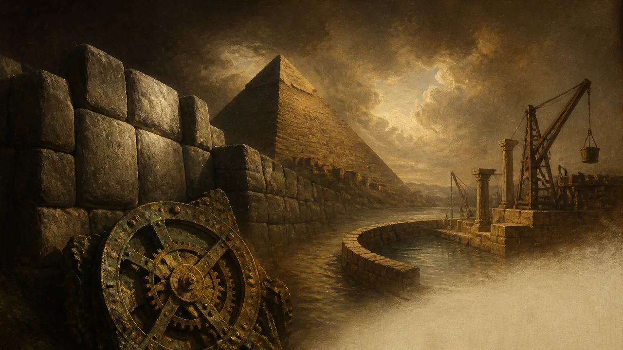 An illustrated figure examines ancient artifacts and scrolls with geometric symbols against a dramatic black and red…
