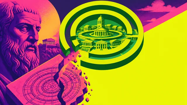 Woman holding a pixelated map comparing it to a glowing circular city layout, with text stating "Does NOT Match Atlantis