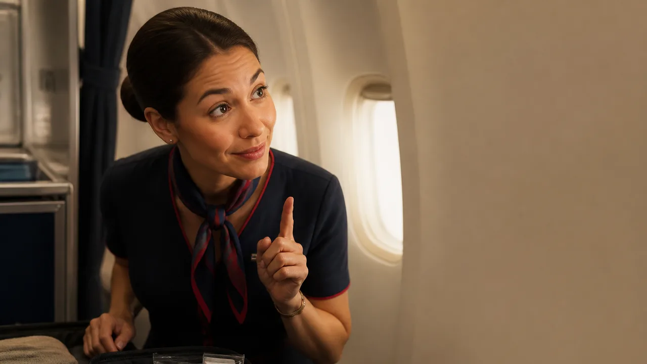 Three flight attendants in uniform against a white background with text warning "Do not drink the coffee