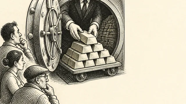 Thoughtful man with infographic explaining gold's economic functions: backing currencies, wealth preservation, sound money,…
