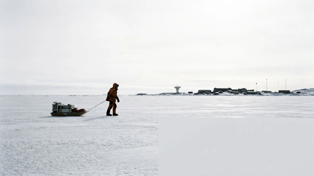 Woman in red jacket and headband smiles at camera with snowy Antarctic landscape and mountain behind her, text reads "We…