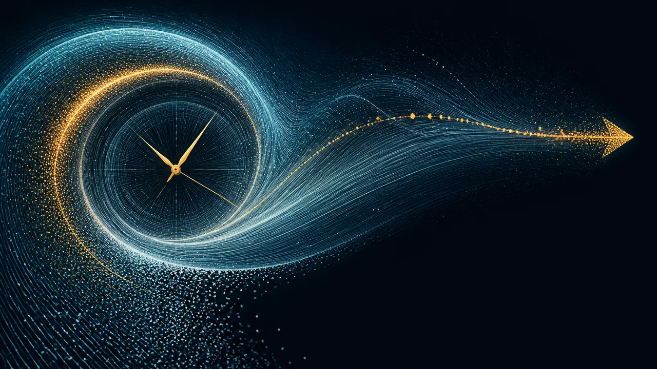Physicist gestures expressively beside an hourglass and glowing spiral galaxy visualization with text "TIME DOESN'T FLOW