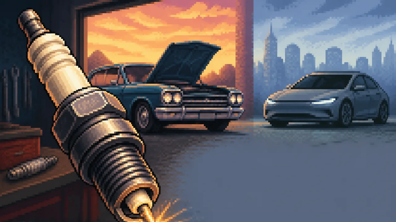 Woman in glasses holding a Popular Science magazine next to a spark plug against a vintage magazine backdrop with orange…