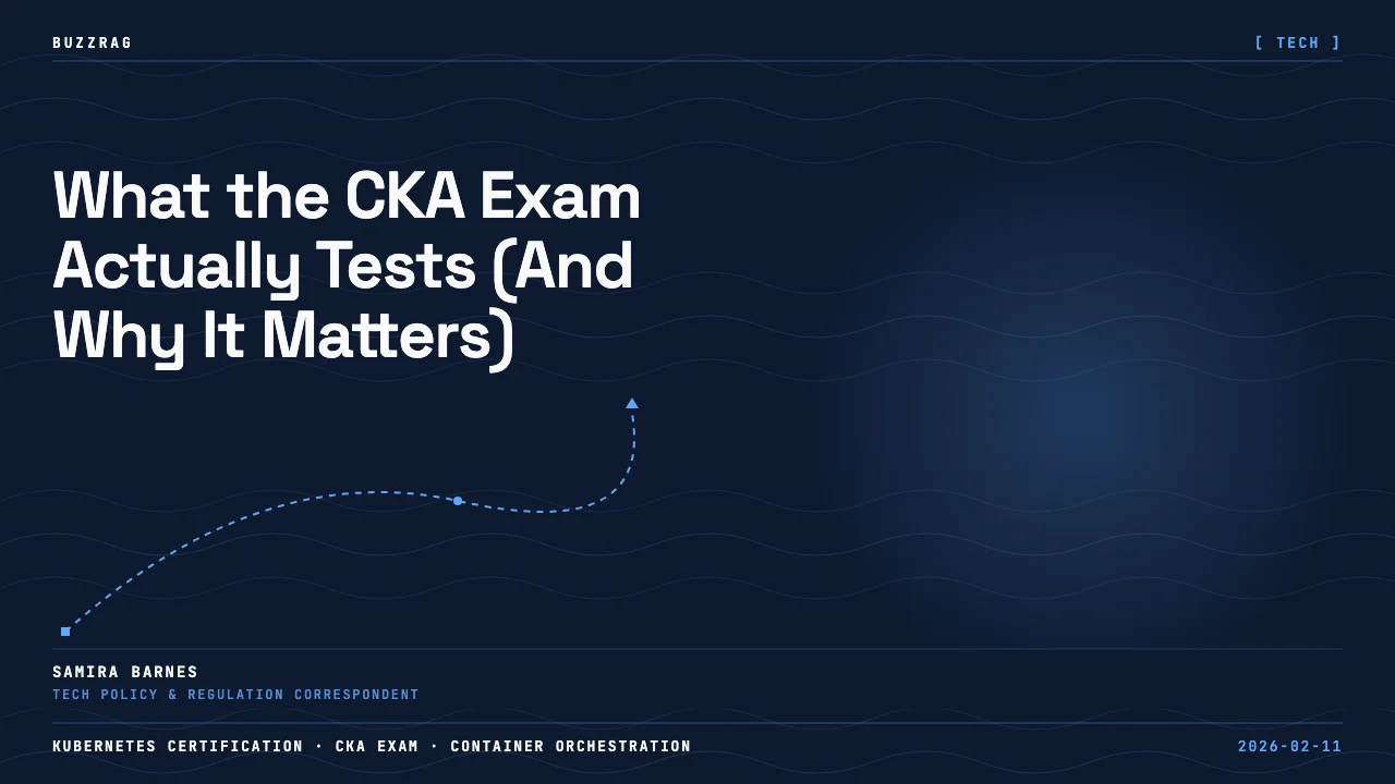 Man in FreeCodeCamp shirt against blue background with Kubernetes admin certification logo and flame icon, promoting CKA…