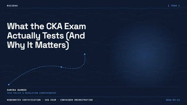Man in FreeCodeCamp shirt against blue background with Kubernetes admin certification logo and flame icon, promoting CKA…