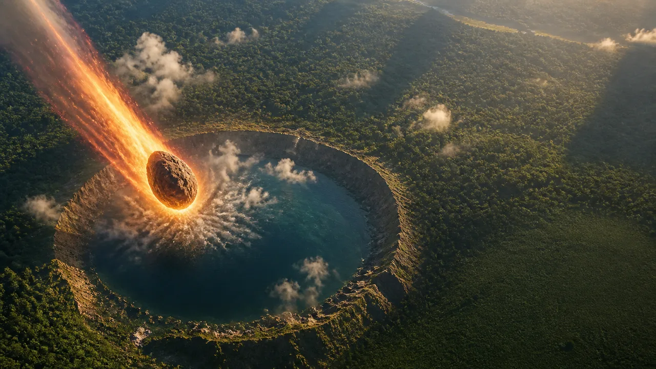 Silhouetted dinosaur beneath a massive flaming meteor impact with "JUST THE BEGINNING" text overlay against apocalyptic…