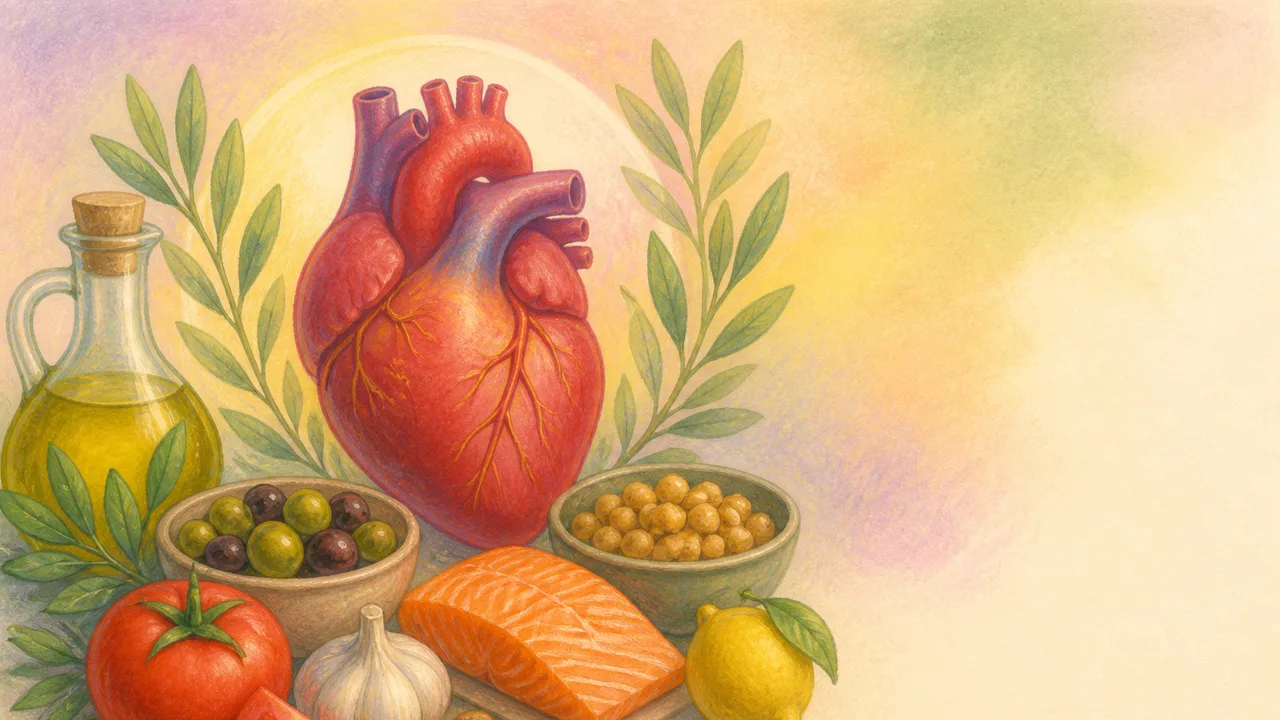 Mediterranean diet foods including salmon, avocado, nuts, legumes, whole grain bread, and olive oil arranged on a wooden…
